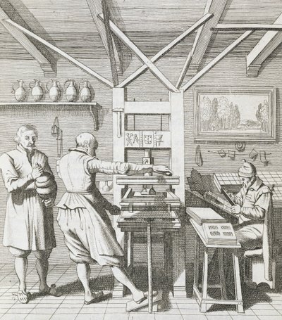 The Bindery of Laurens Janszoon Koster, Engraved by J. van der Velde, Published in 